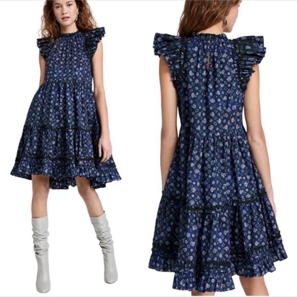 ULLA JOHNSON Joan Ruffle Dress Blue Sz 10
